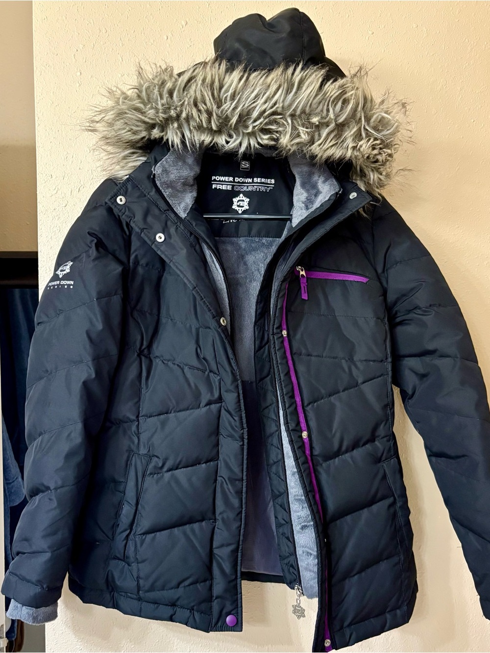 Free Country Black Puffer Jacket with Faux Fur Hood and Purple Trim